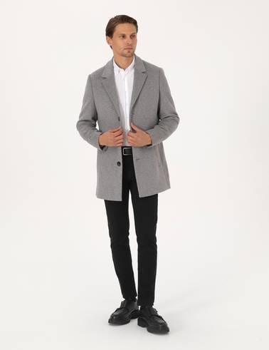 Antrasit Ekstra Slim Fit Yün Karışımlı Kaşe Kaban