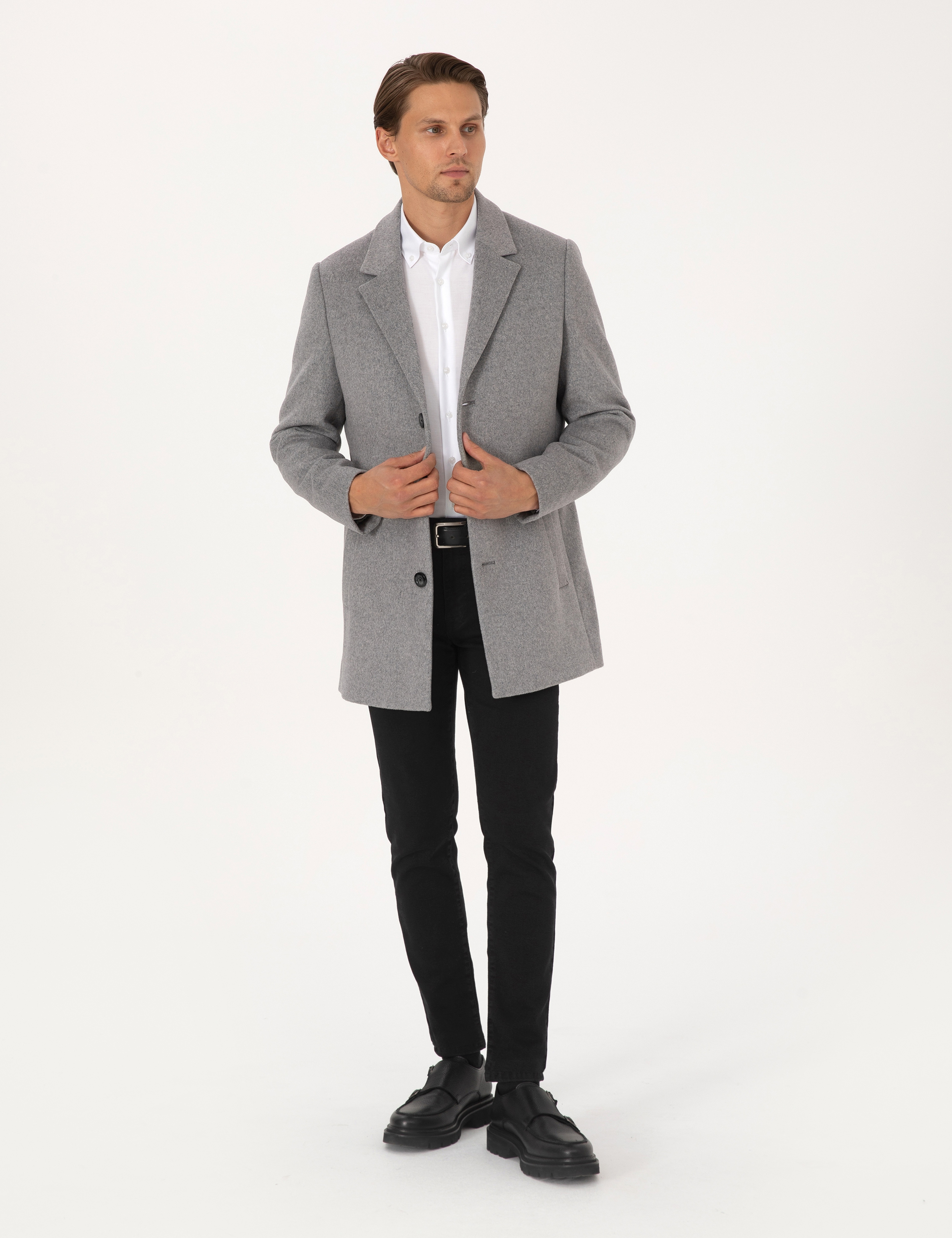 Antrasit Ekstra Slim Fit Yün Karışımlı Kaşe Kaban - Image 4