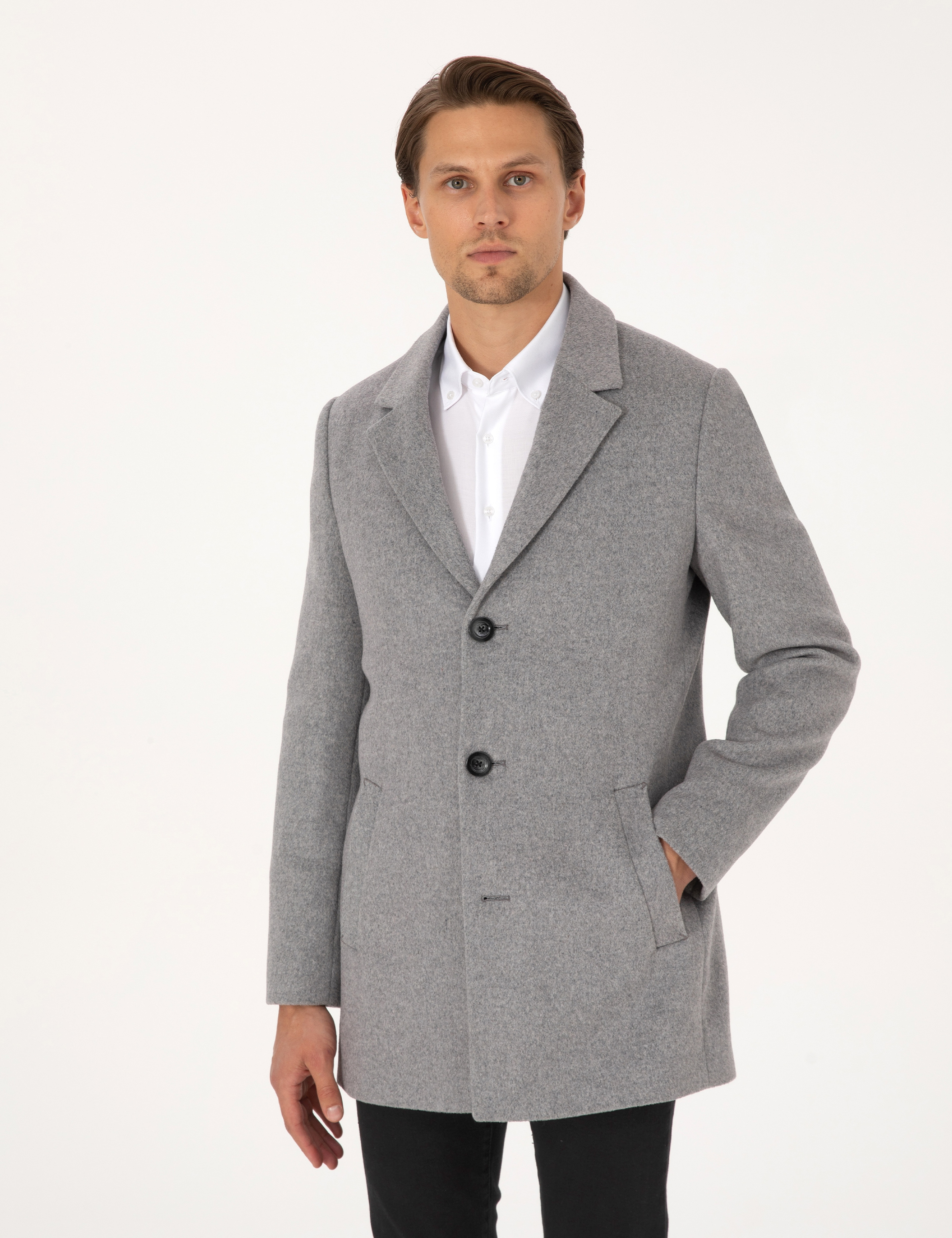 Antrasit Ekstra Slim Fit Yün Karışımlı Kaşe Kaban - Image 1