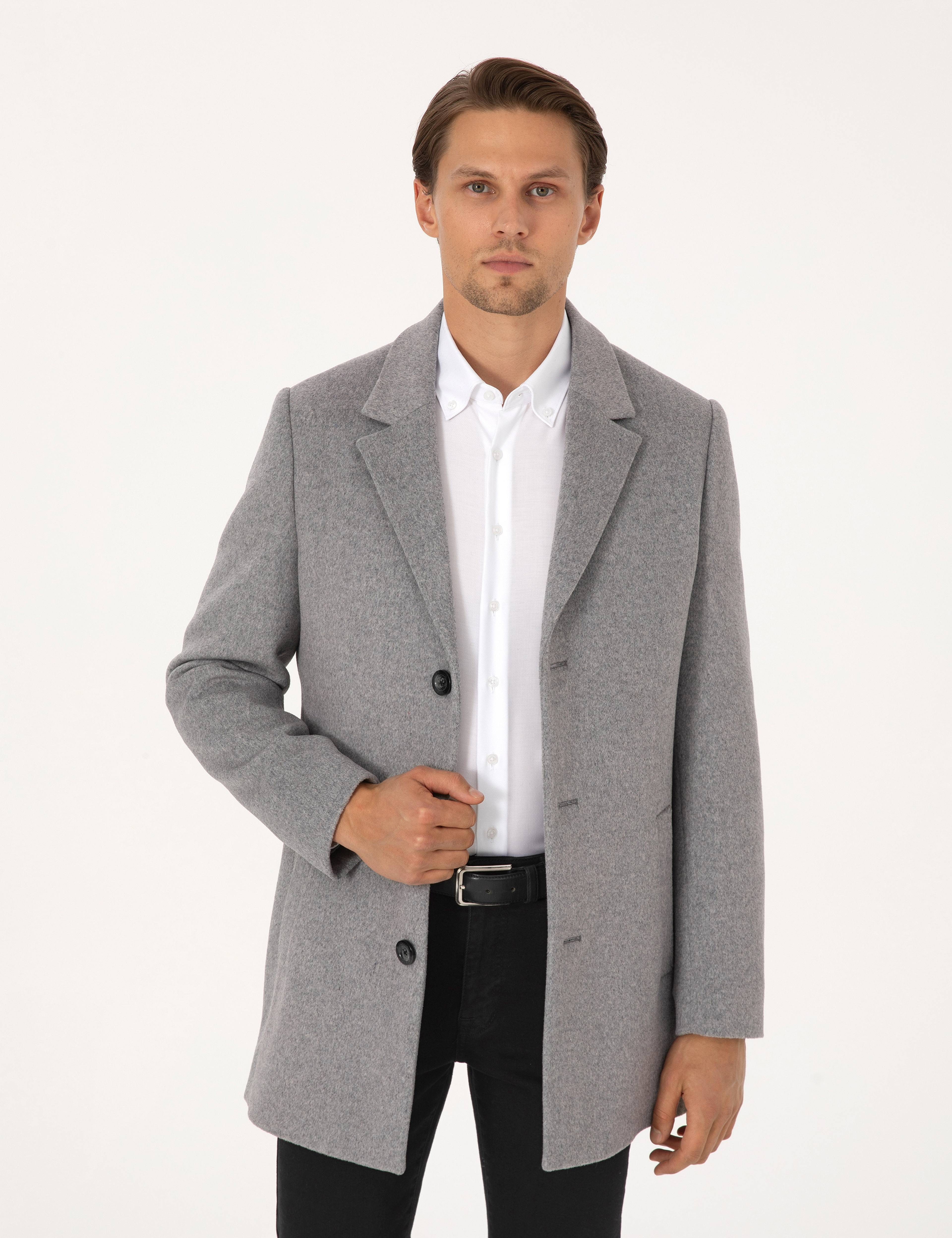 Antrasit Ekstra Slim Fit Yün Karışımlı Kaşe Kaban - Image 3