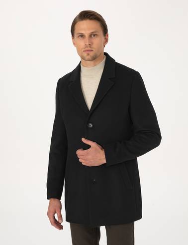 Siyah Ekstra Slim Fit Yün Karışımlı Kaşe Kaban