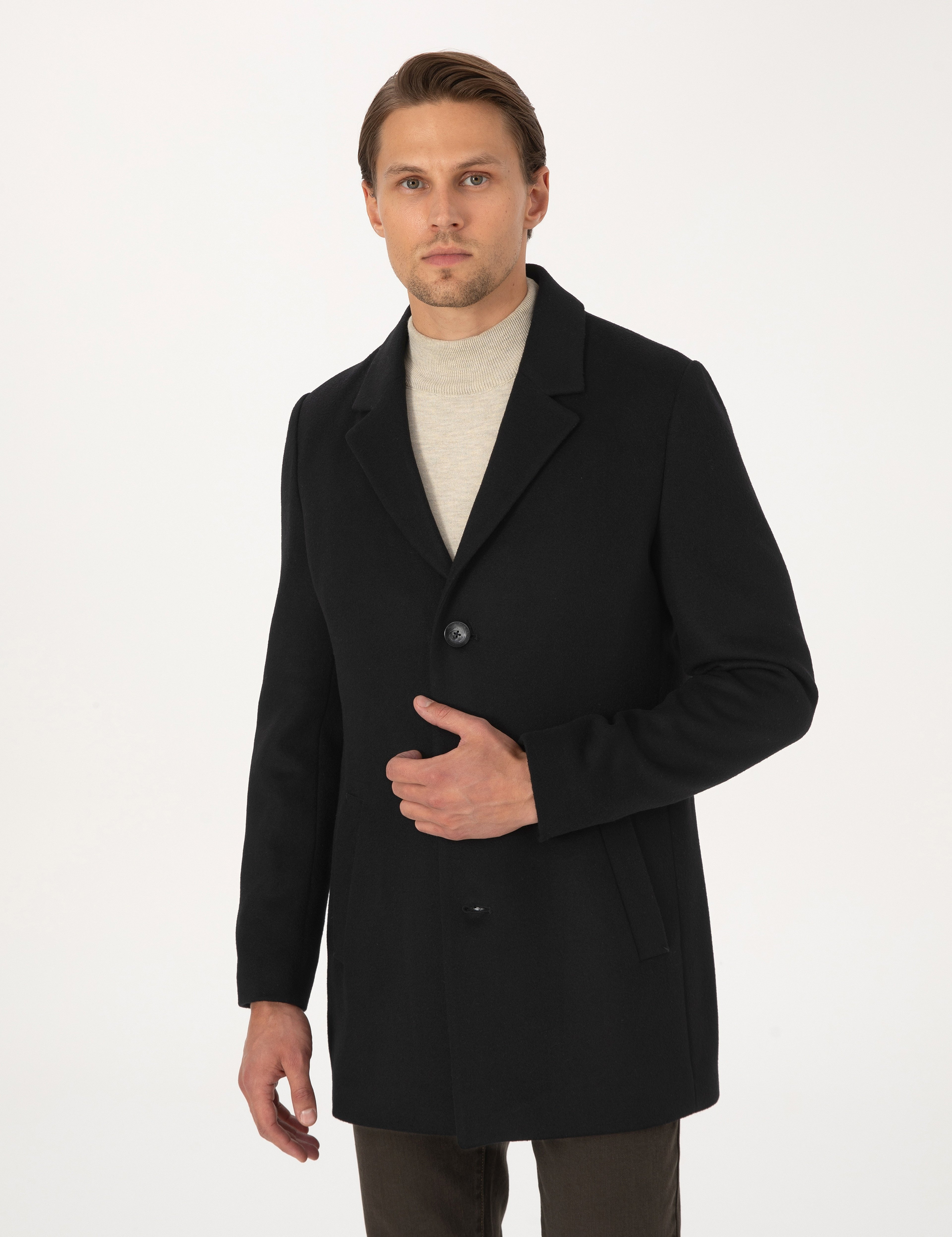Siyah Ekstra Slim Fit Yün Karışımlı Kaşe Kaban - Image 1
