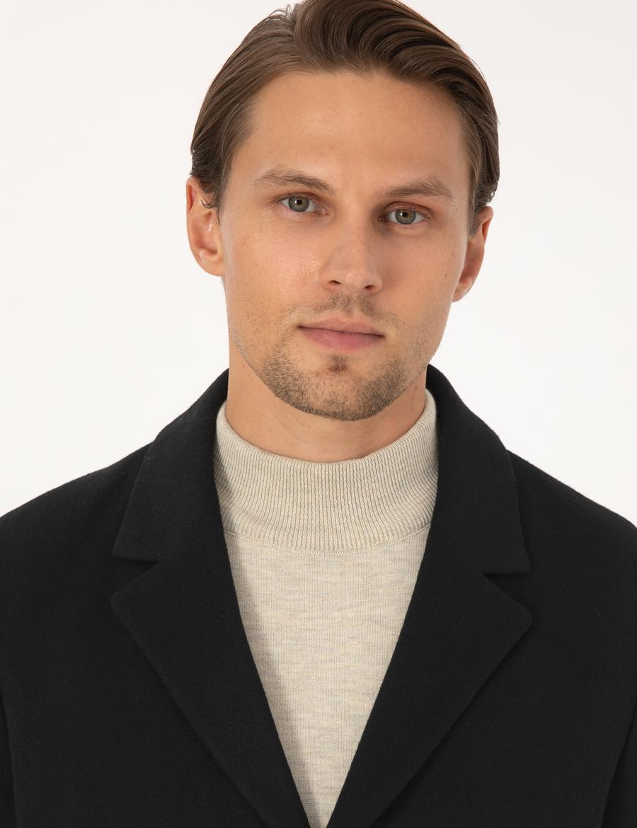 Siyah Ekstra Slim Fit Yün Karışımlı Kaşe Kaban