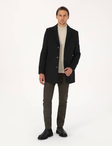 Siyah Ekstra Slim Fit Yün Karışımlı Kaşe Kaban