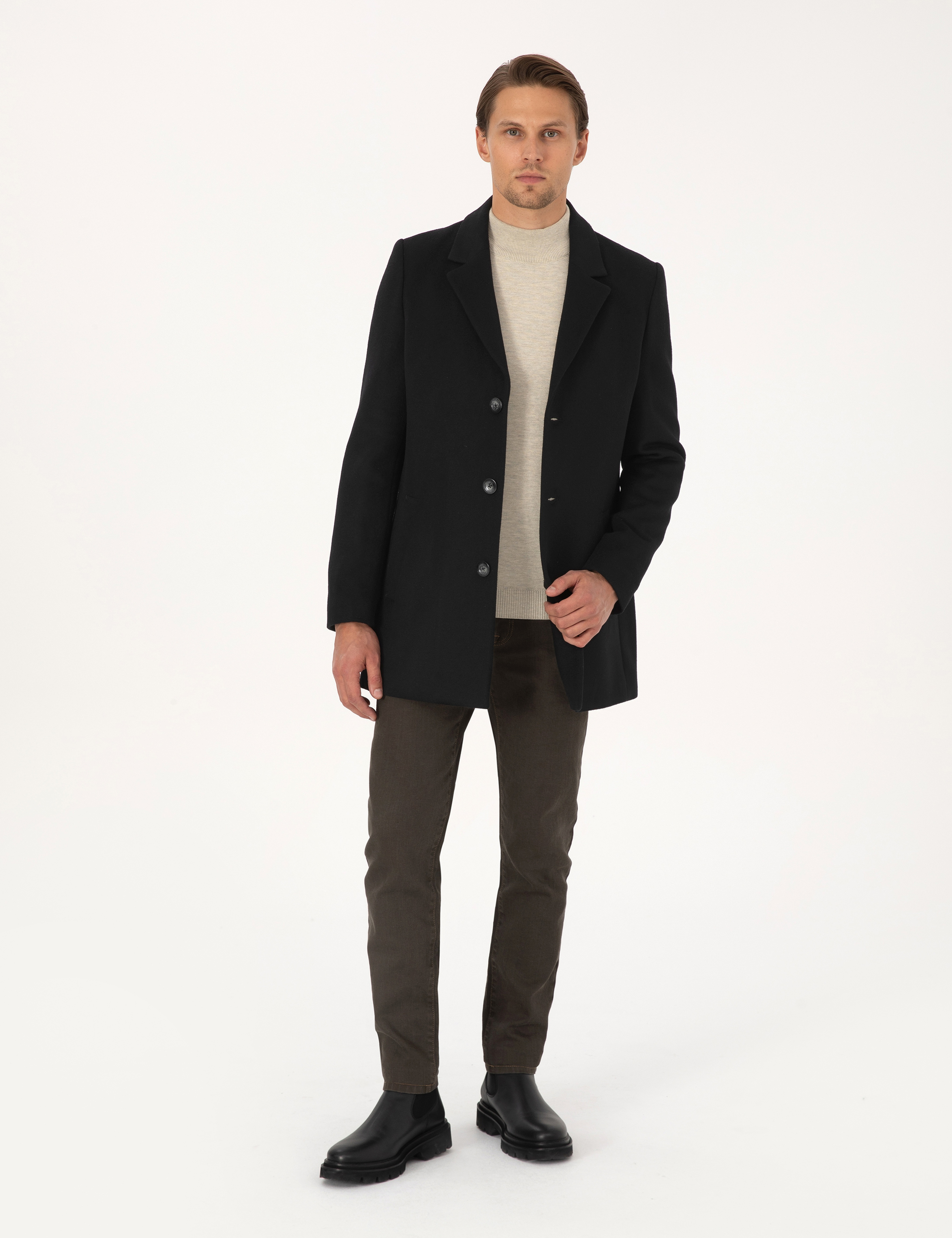Siyah Ekstra Slim Fit Yün Karışımlı Kaşe Kaban - Image 4