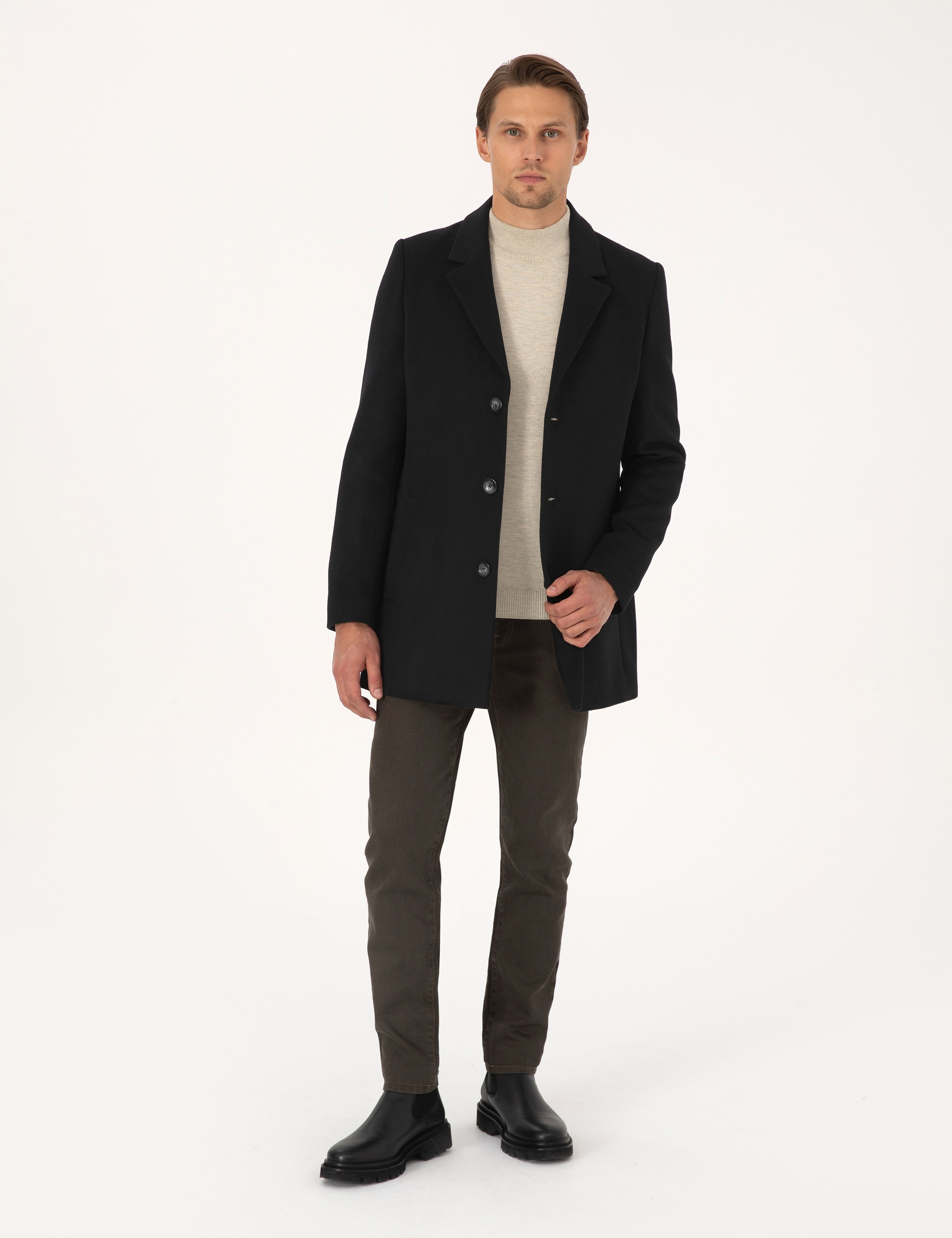 Siyah Ekstra Slim Fit Yün Karışımlı Kaşe Kaban