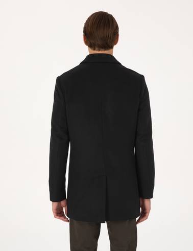 Siyah Ekstra Slim Fit Yün Karışımlı Kaşe Kaban