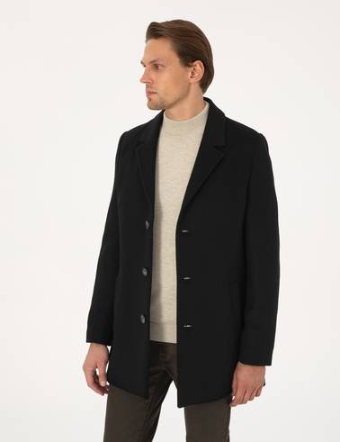 Siyah Ekstra Slim Fit Yün Karışımlı Kaşe Kaban