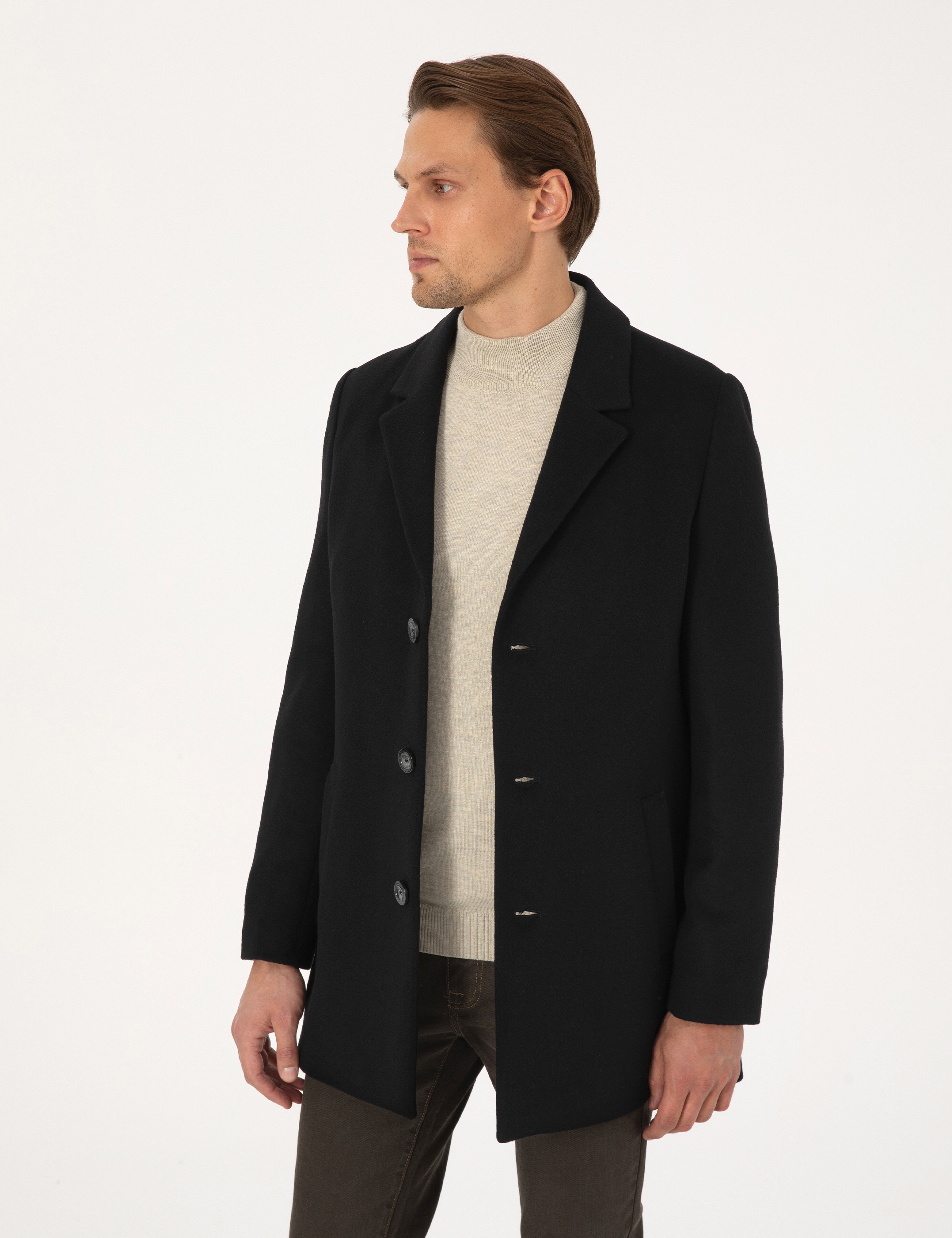 Siyah Ekstra Slim Fit Yün Karışımlı Kaşe Kaban - Image 3