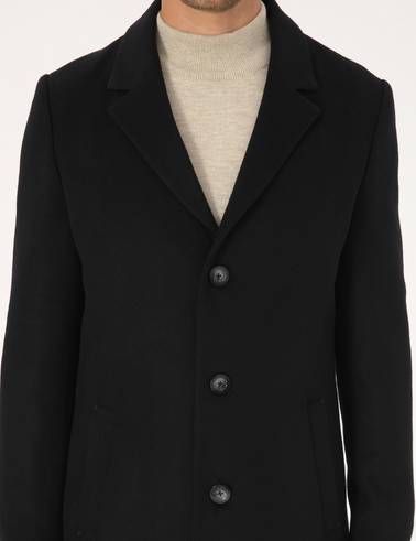 Siyah Ekstra Slim Fit Yün Karışımlı Kaşe Kaban
