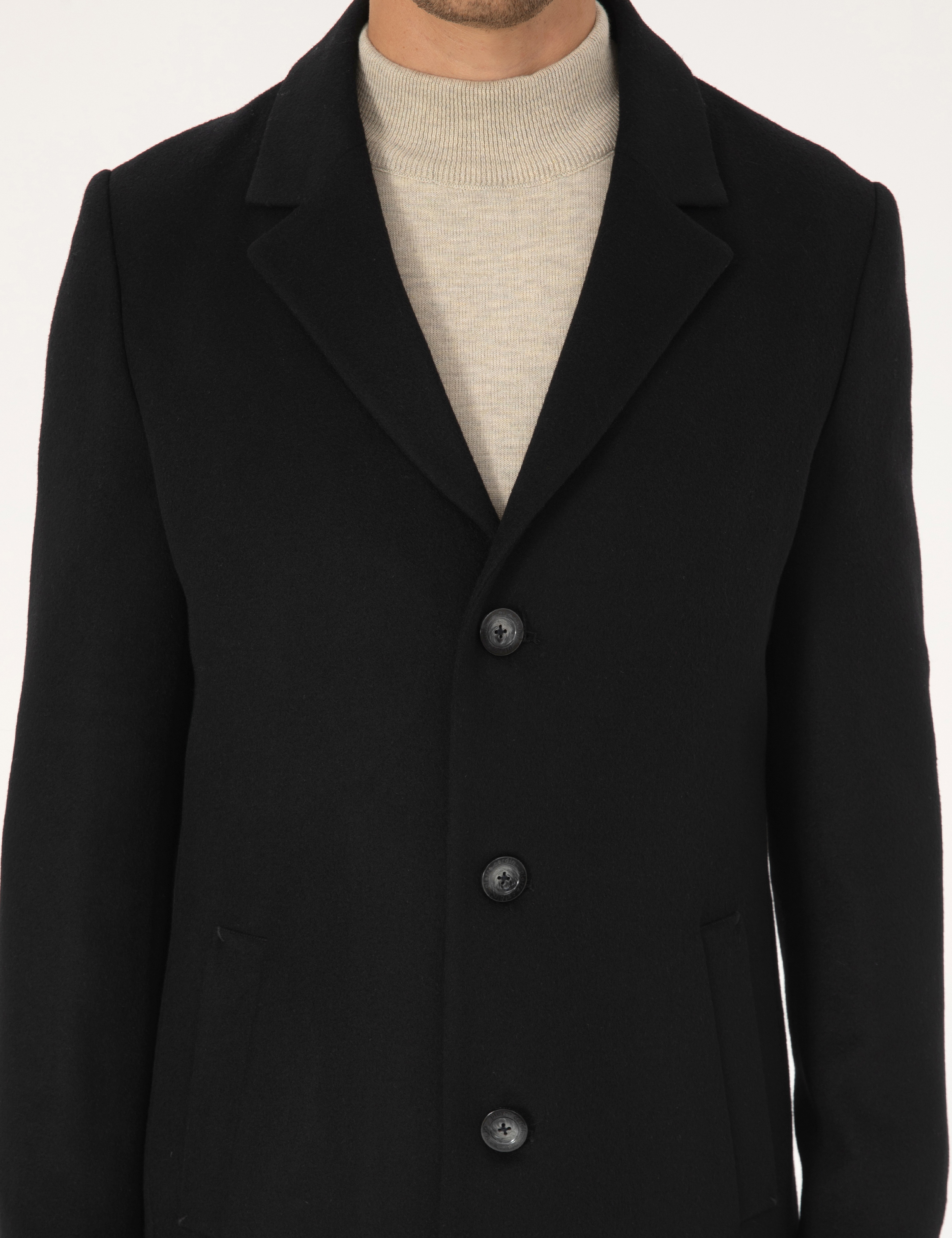 Siyah Ekstra Slim Fit Yün Karışımlı Kaşe Kaban - Image 7