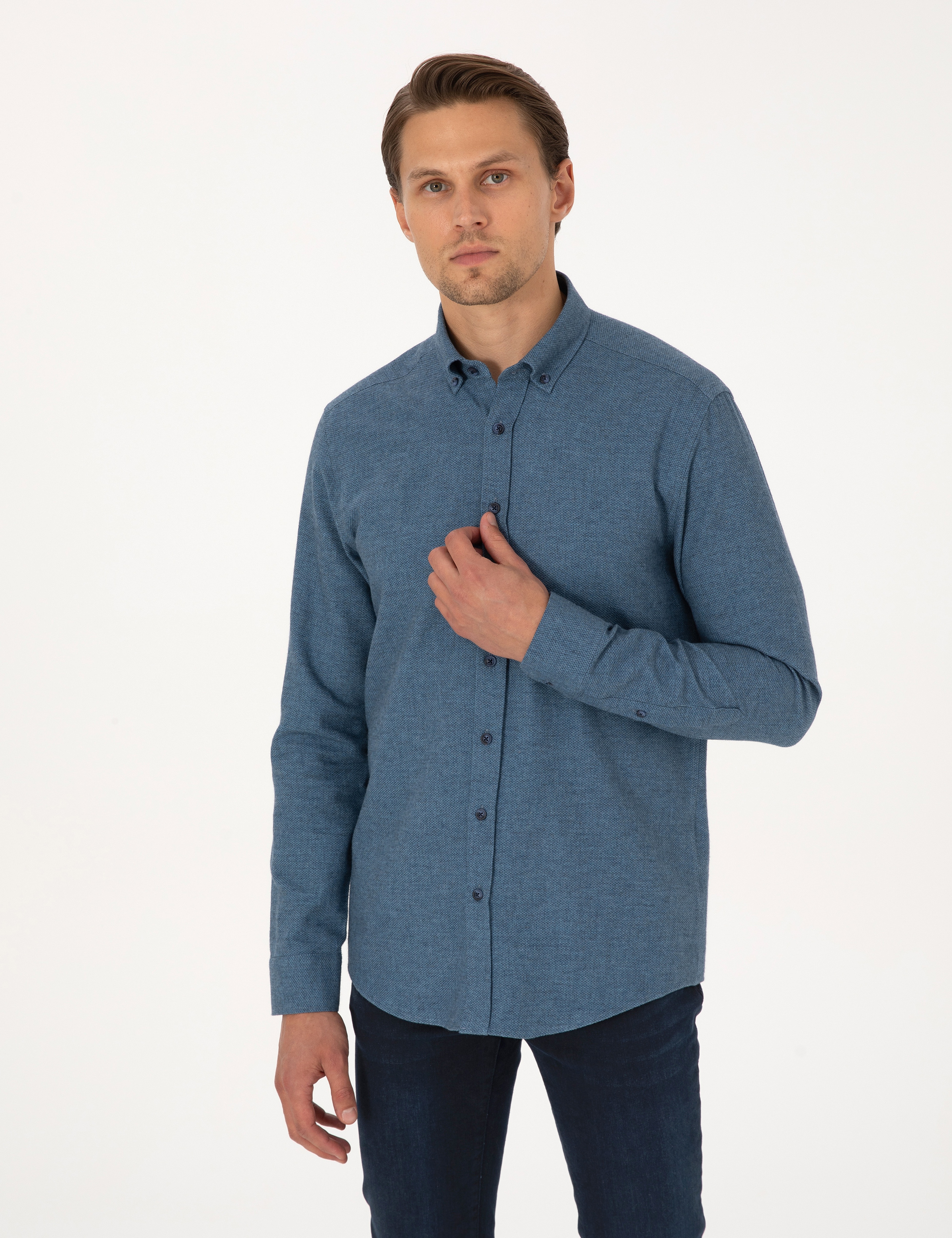 Mavi Slim Fit Uzun Kollu Gömlek - Image 3