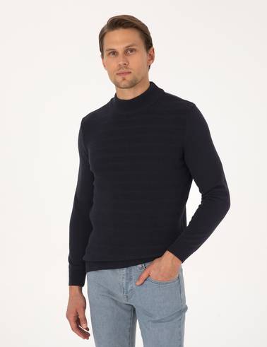Lacivert Slim Fit Yarım Balıkçı Yaka Triko Kazak