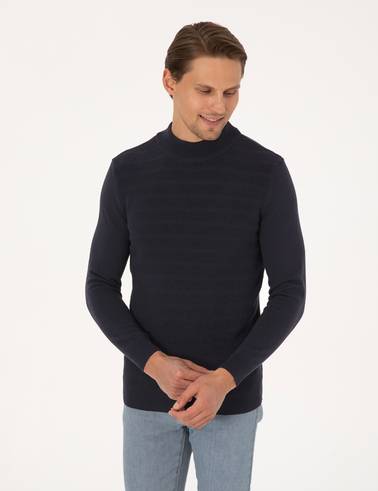 Lacivert Slim Fit Yarım Balıkçı Yaka Triko Kazak