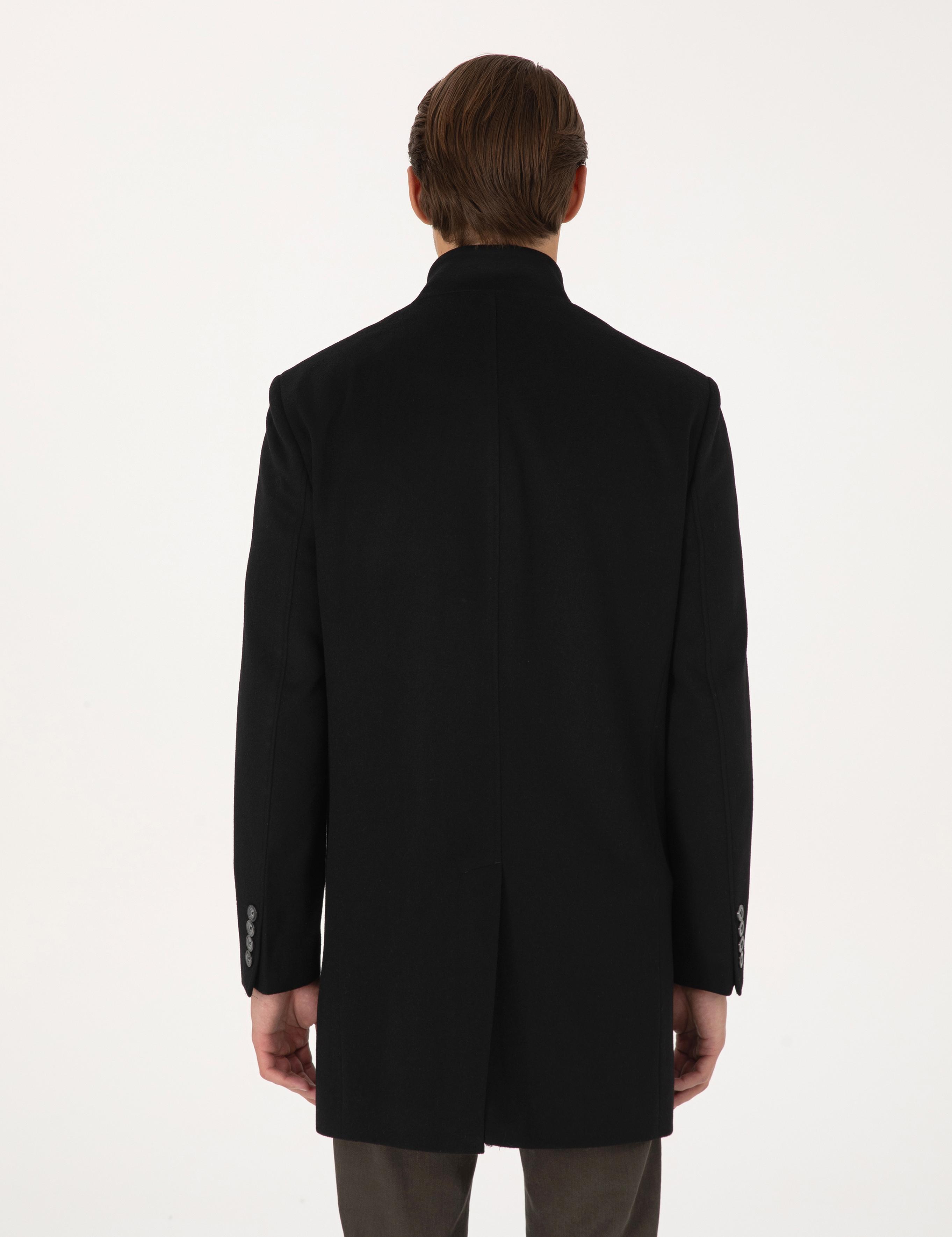 Siyah Slim Fit Yün Karışımlı Palto