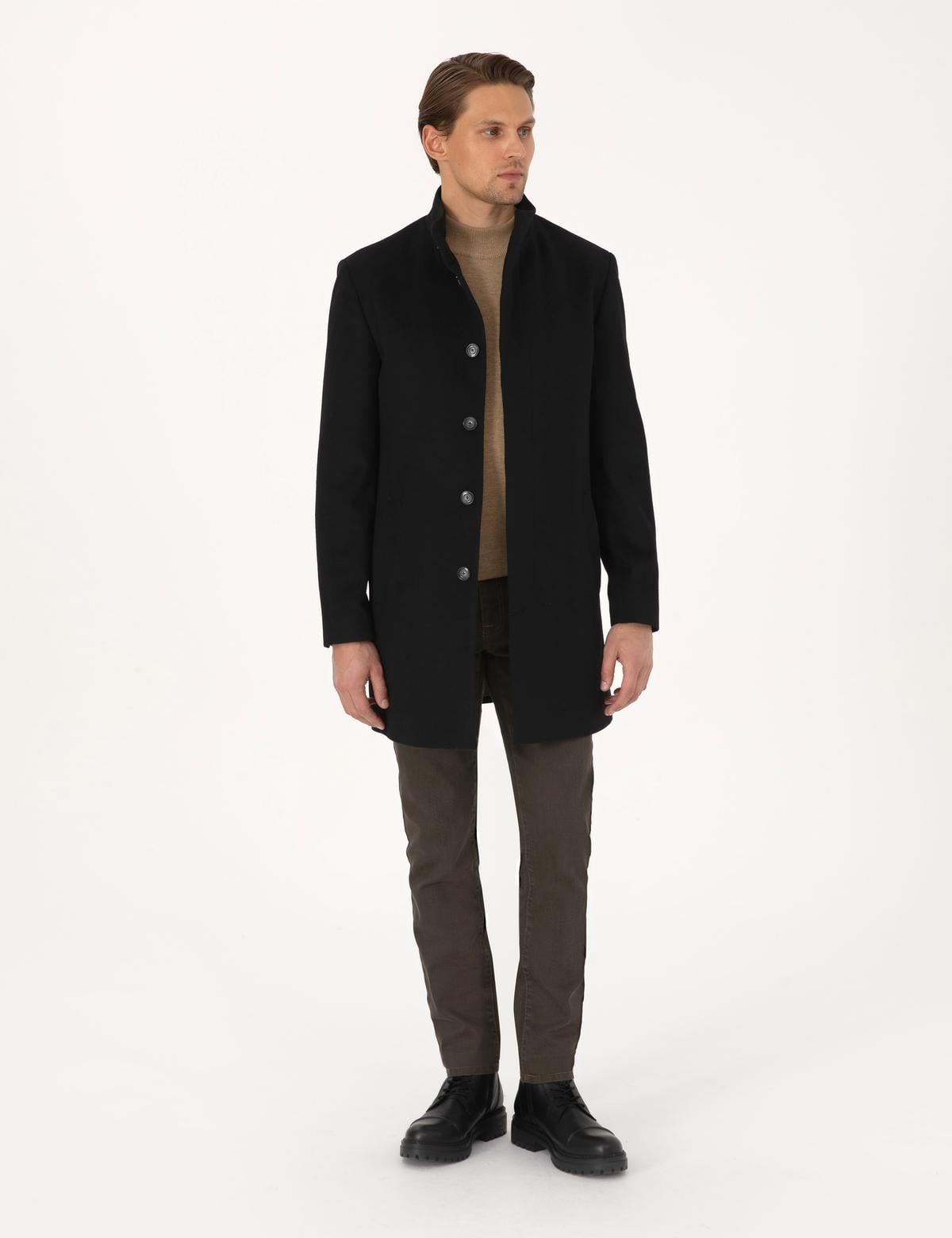 Siyah Slim Fit Yün Karışımlı Palto - 50314214009