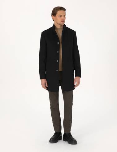 Siyah Slim Fit Yün Karışımlı Palto