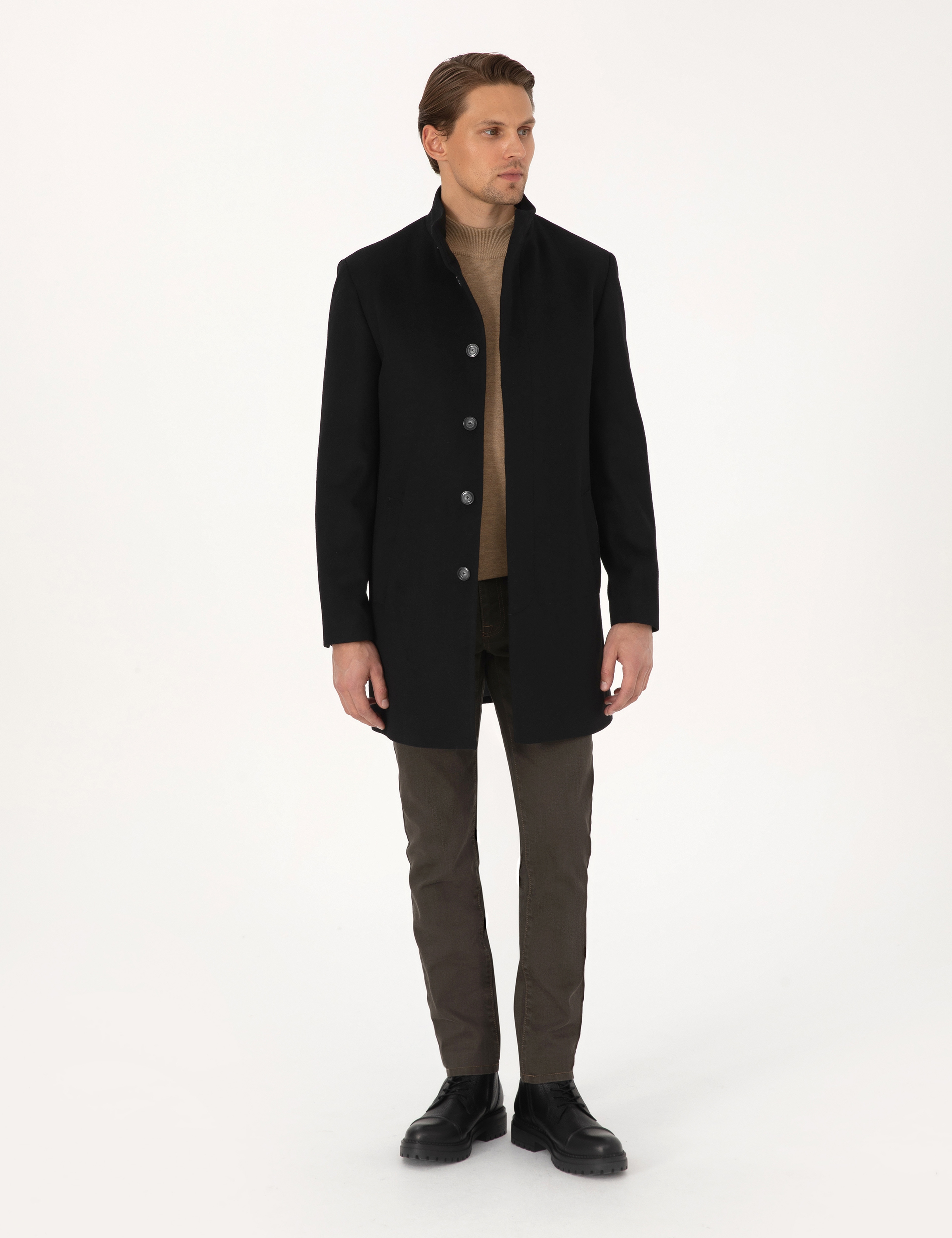 Siyah Slim Fit Yün Karışımlı Palto - Image 4