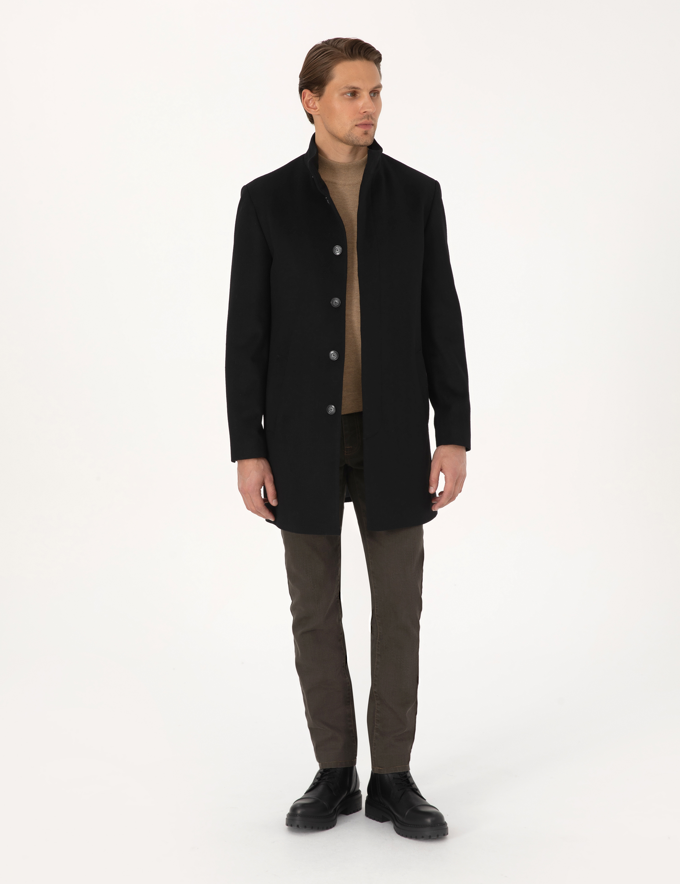 Siyah Slim Fit Yün Karışımlı Palto