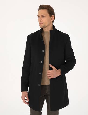 Siyah Slim Fit Yün Karışımlı Palto