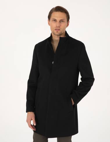 Siyah Slim Fit Yün Karışımlı Palto