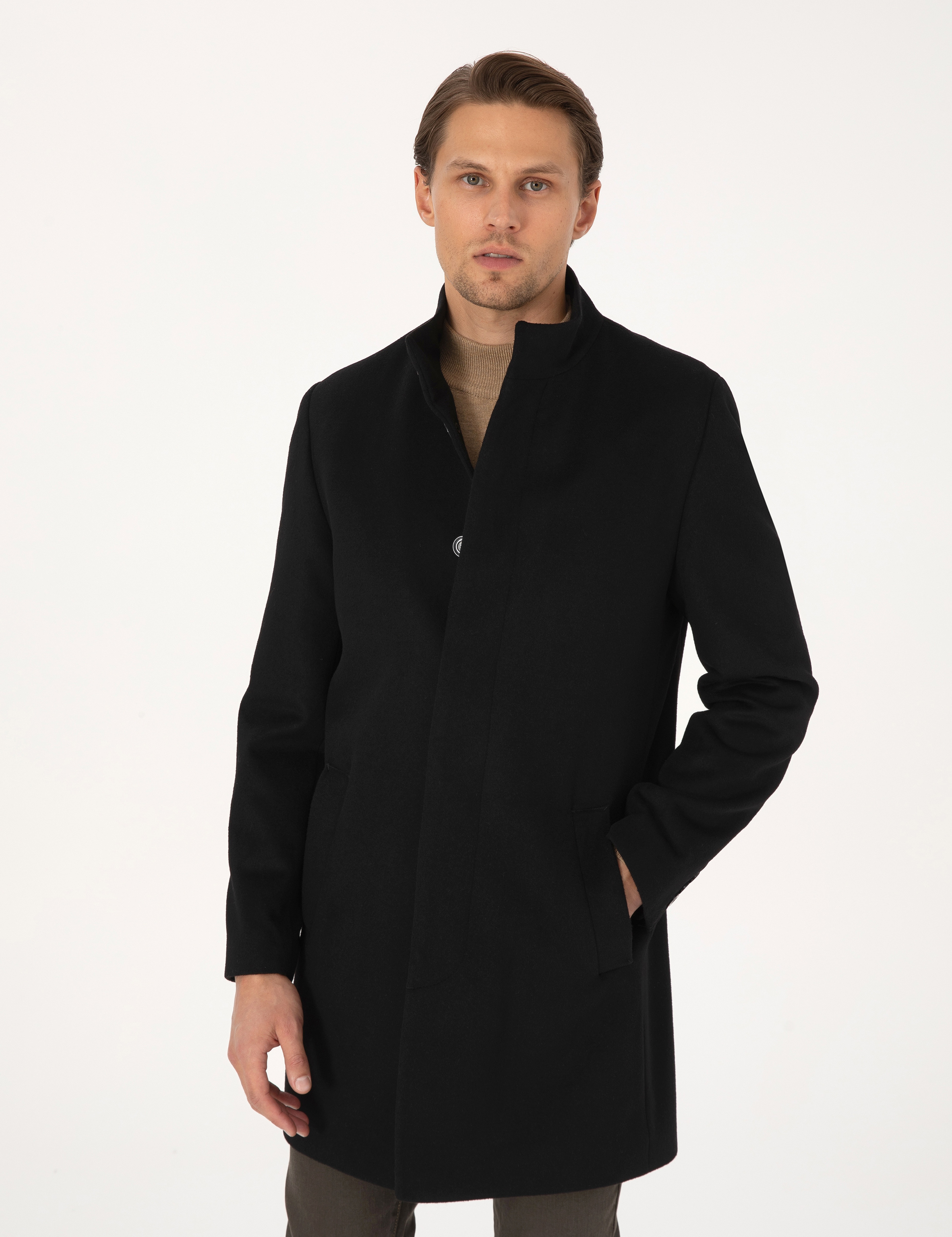 Siyah Slim Fit Yün Karışımlı Palto - Image 1