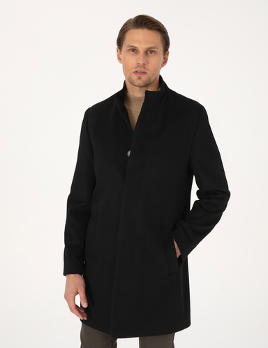 Siyah Slim Fit Yün Karışımlı Palto