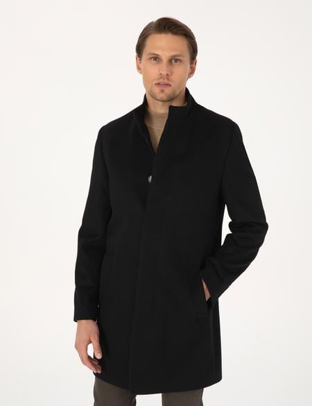 Siyah Slim Fit Yün Karışımlı Palto - 50314214009