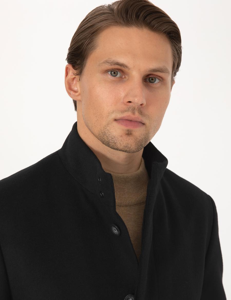 Siyah Slim Fit Yün Karışımlı Palto