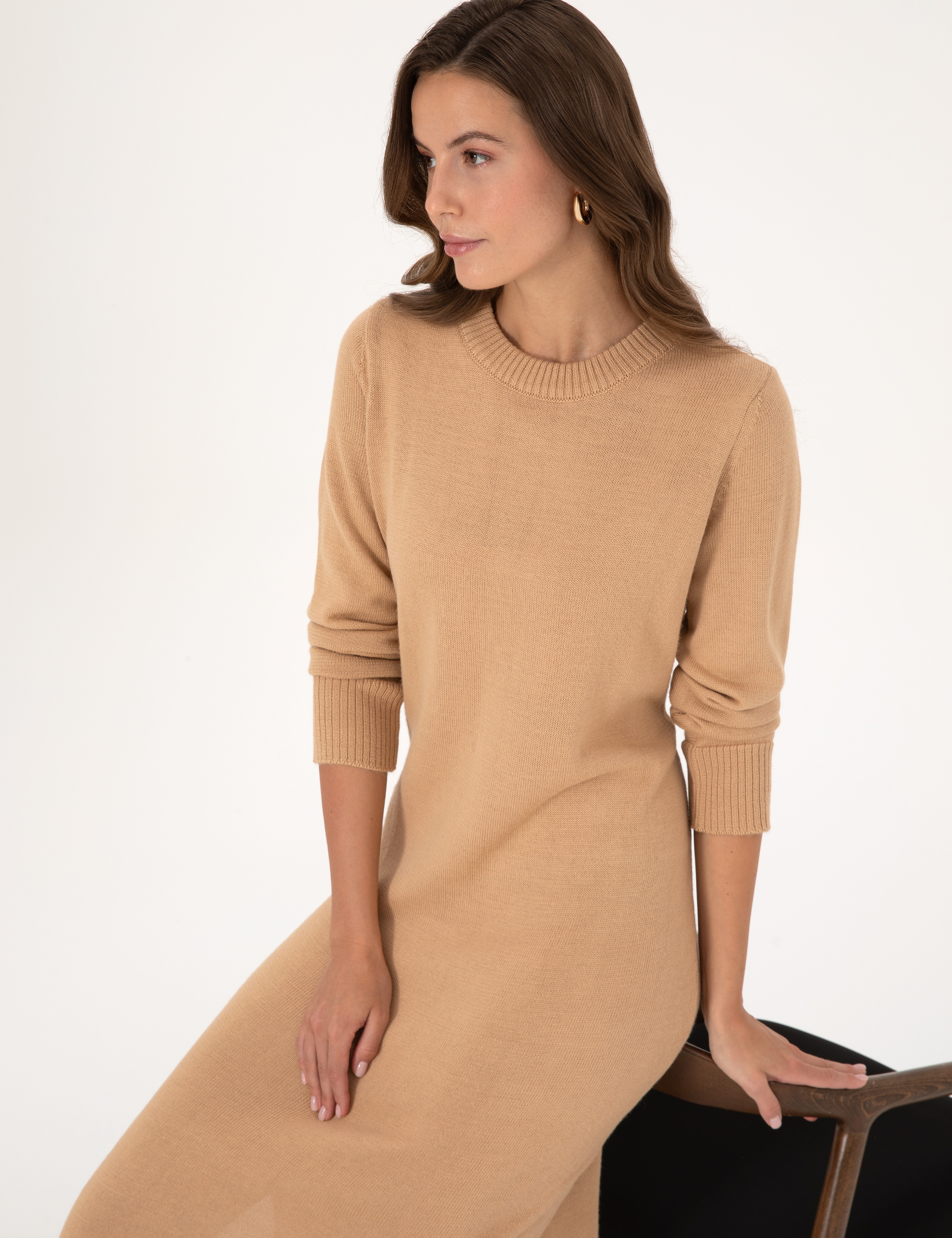 Bej Melanj Regular Fit Triko Elbise - Image 2