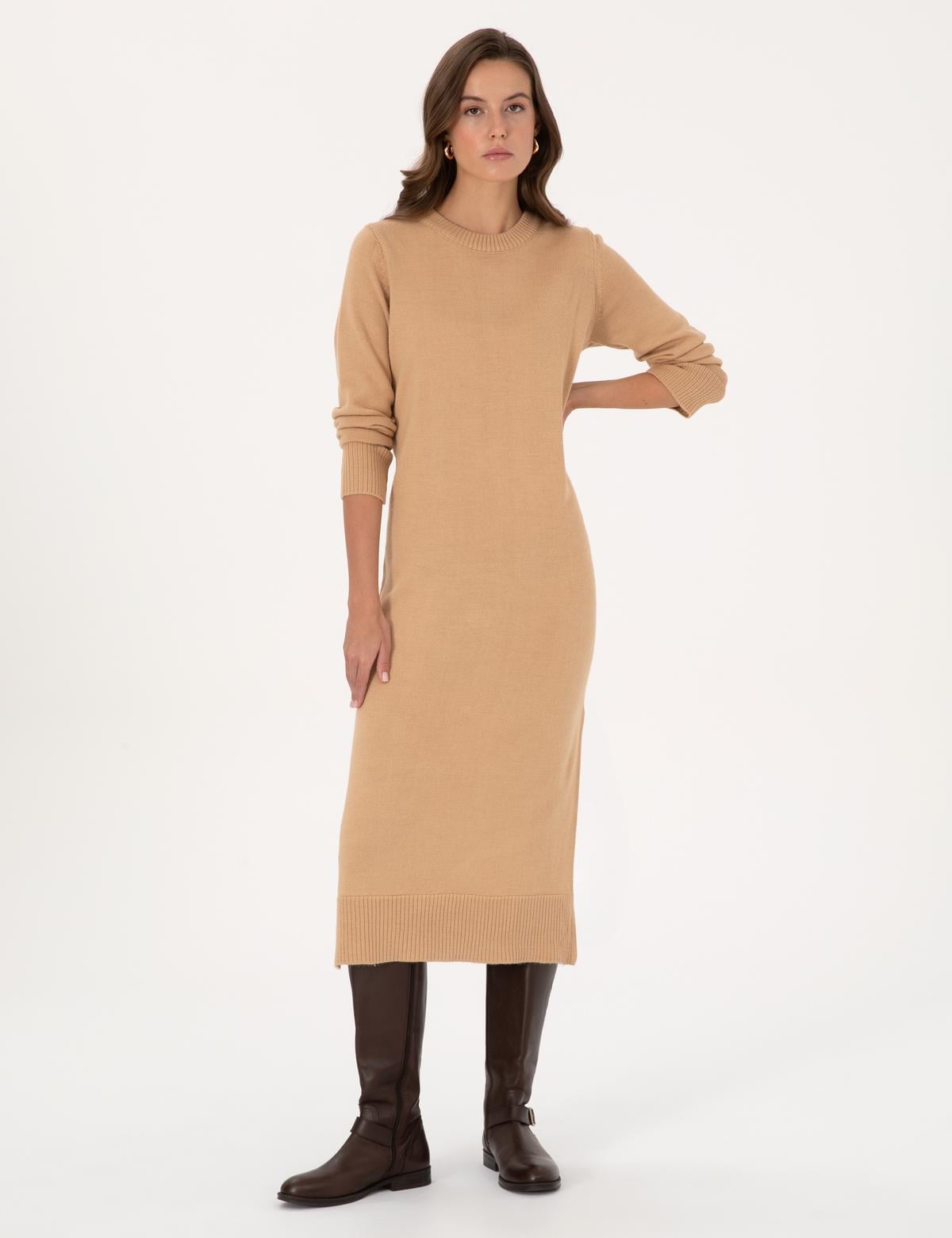 Bej Melanj Regular Fit Triko Elbise