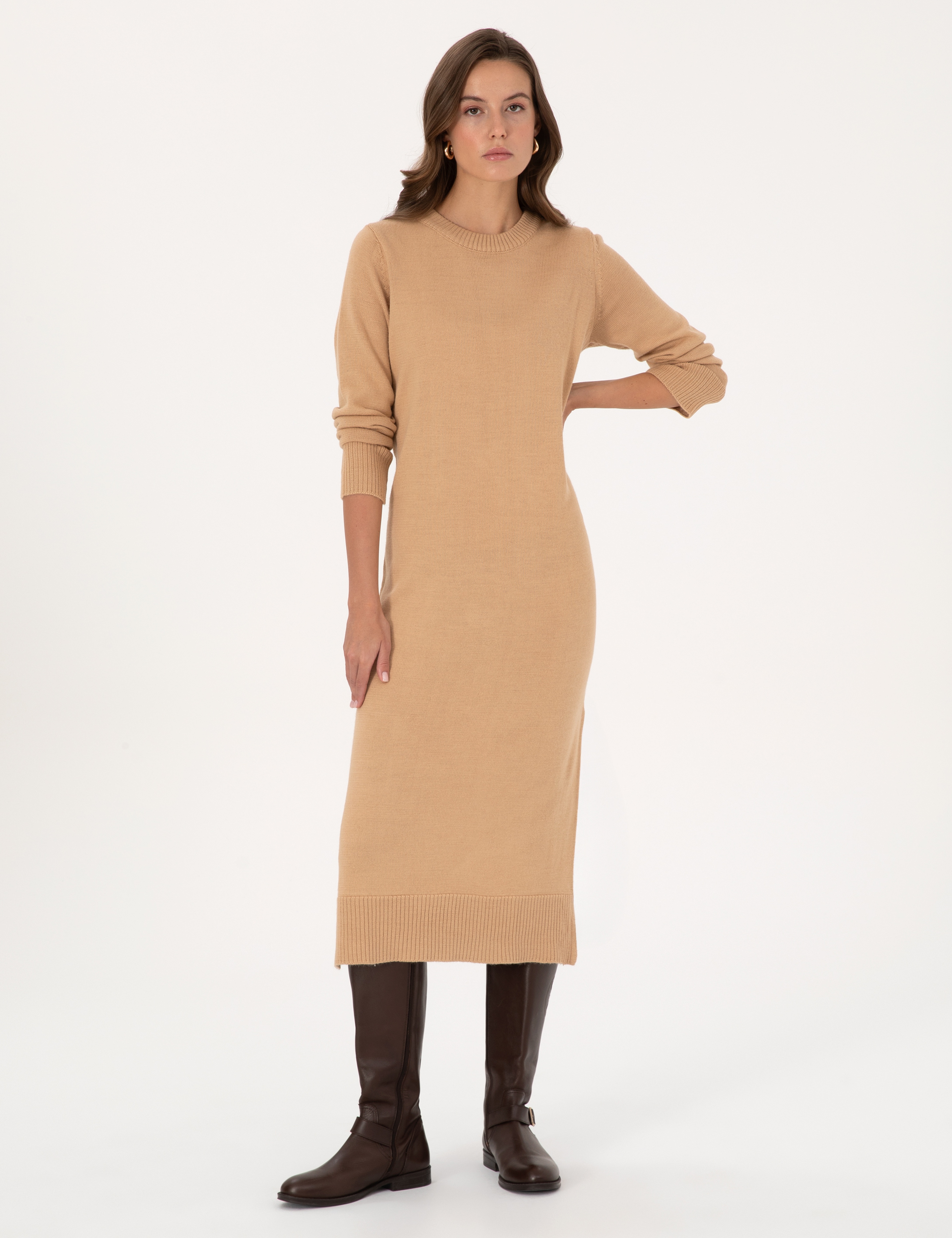 Bej Melanj Regular Fit Triko Elbise - Image 1