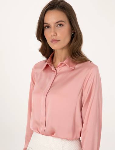 Pudra Comfort Fit Saten Uzun Kollu Gömlek