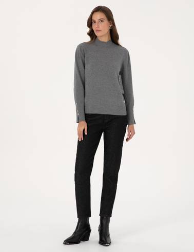 Gri Melanj Slim Fit Yarım Balıkçı Basic Kazak