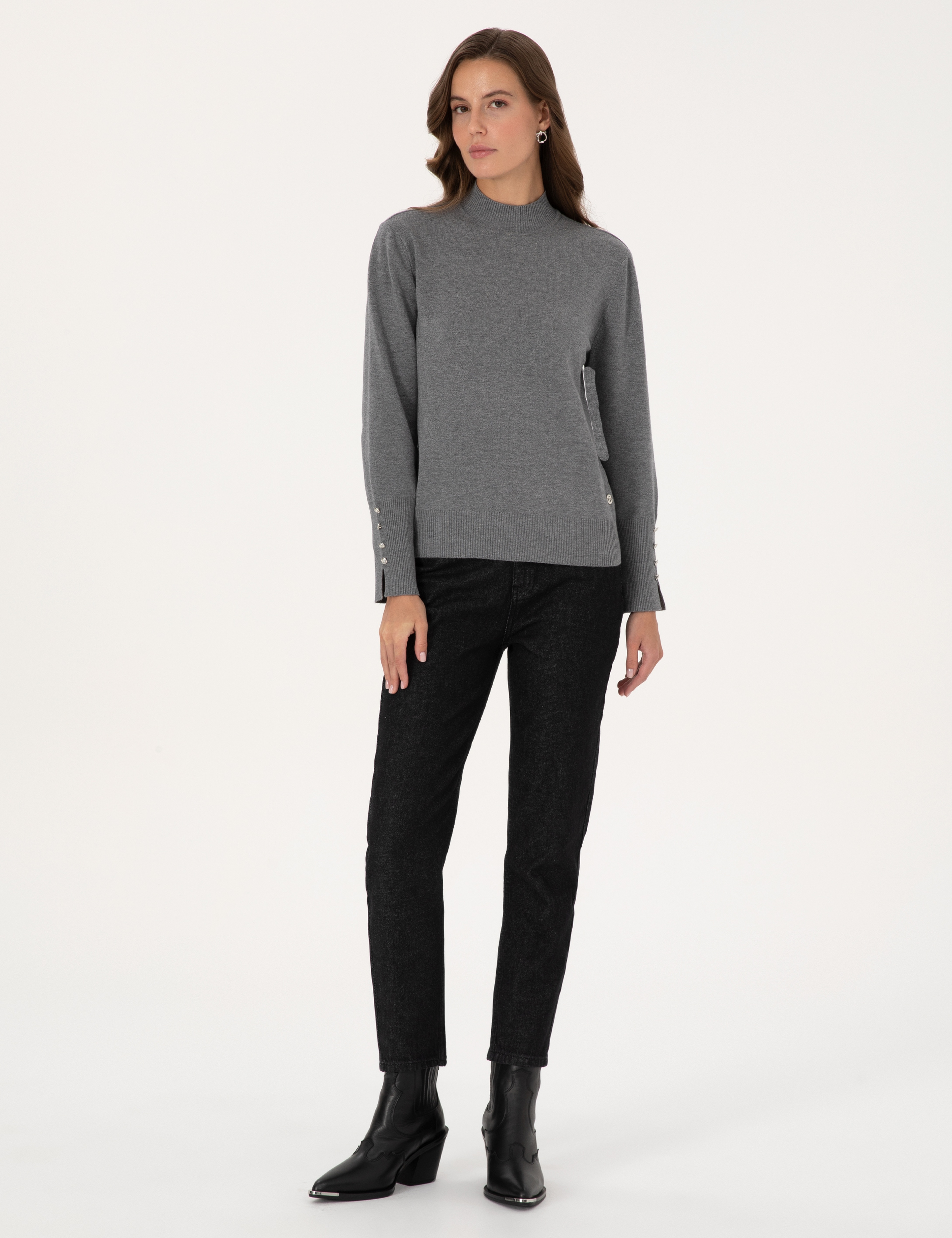 Gri Melanj Slim Fit Yarım Balıkçı Basic Kazak - Image 4