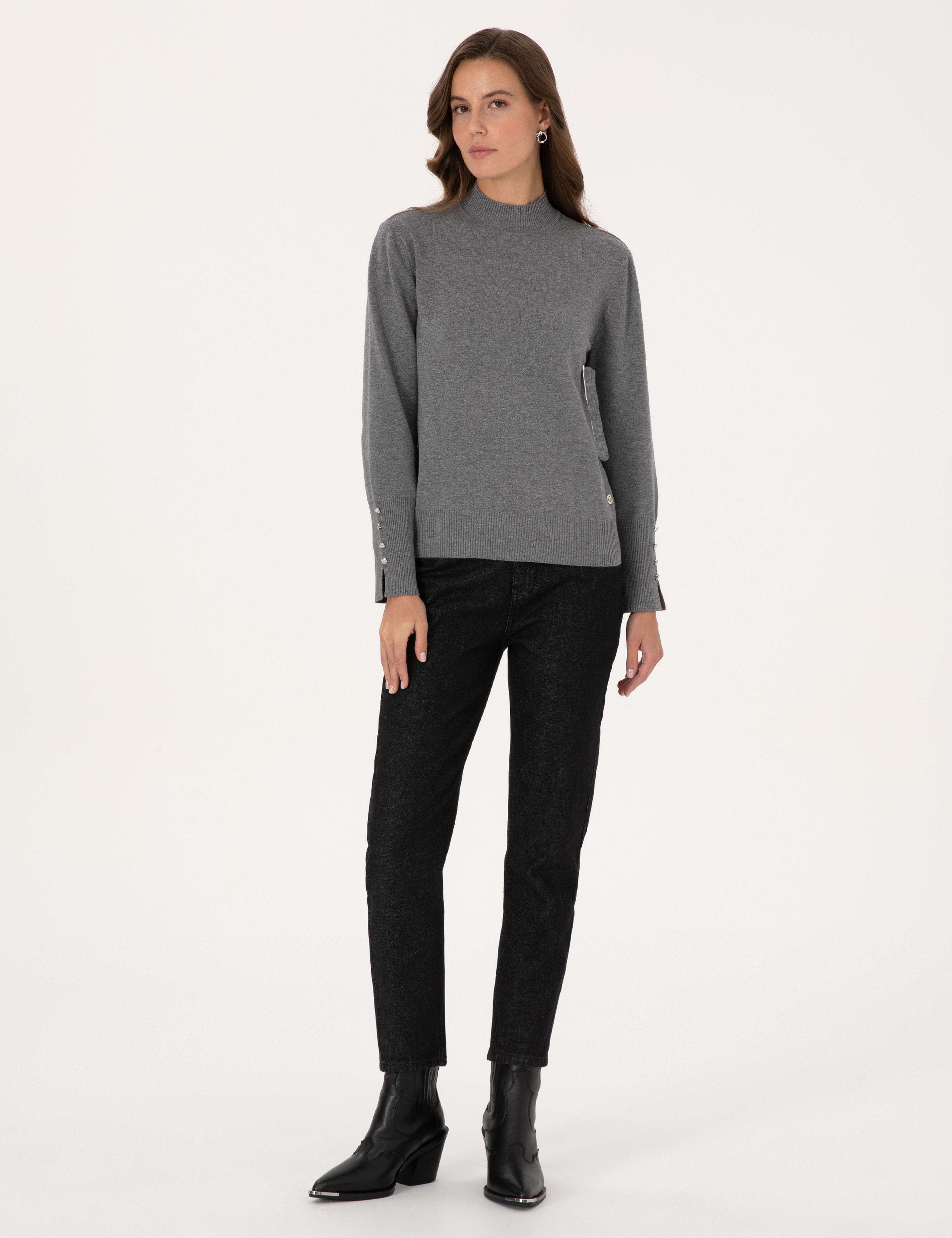Gri Melanj Slim Fit Yarım Balıkçı Basic Kazak