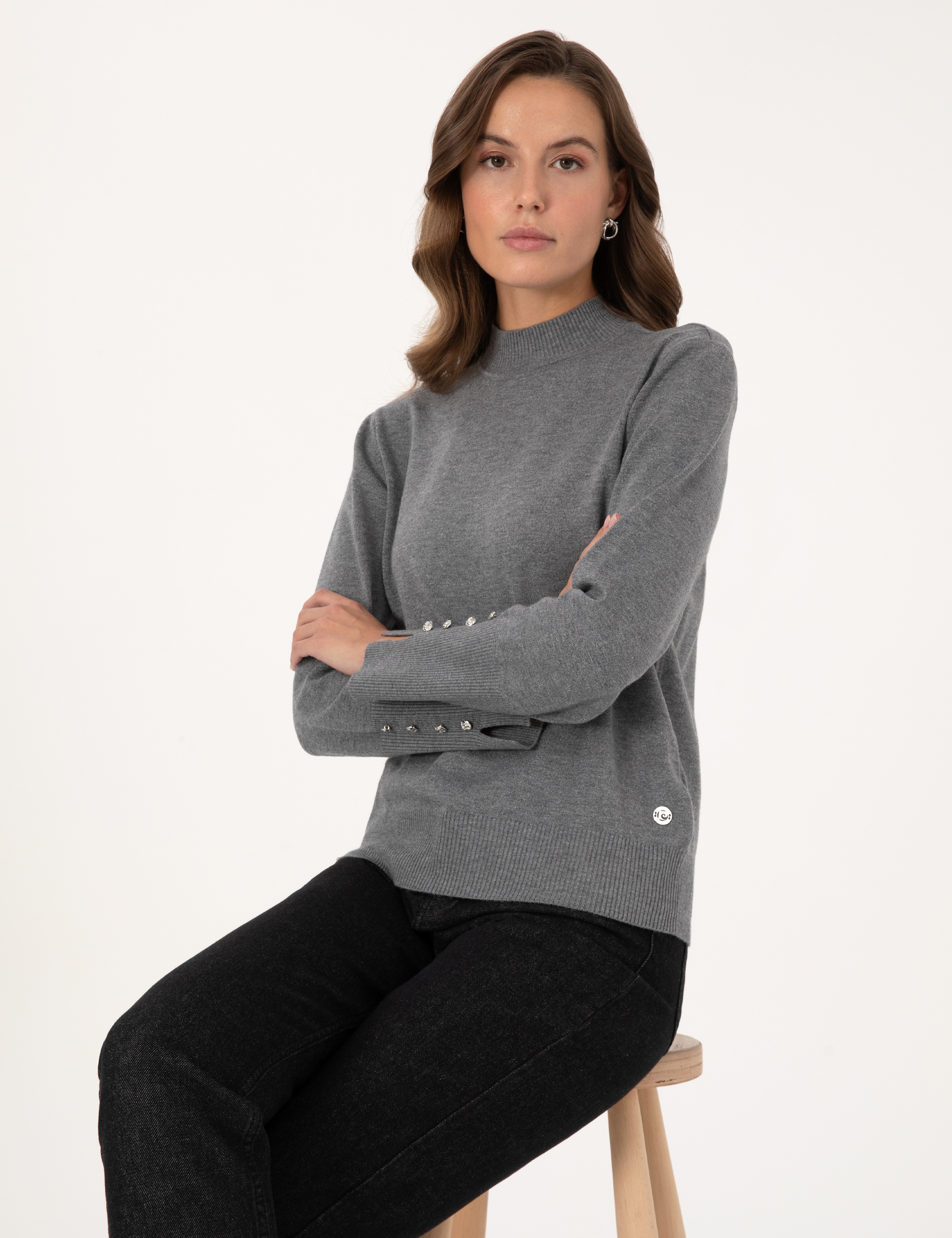 Gri Melanj Slim Fit Yarım Balıkçı Basic Kazak - Image 3