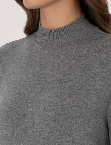 Gri Melanj Slim Fit Yarım Balıkçı Basic Kazak