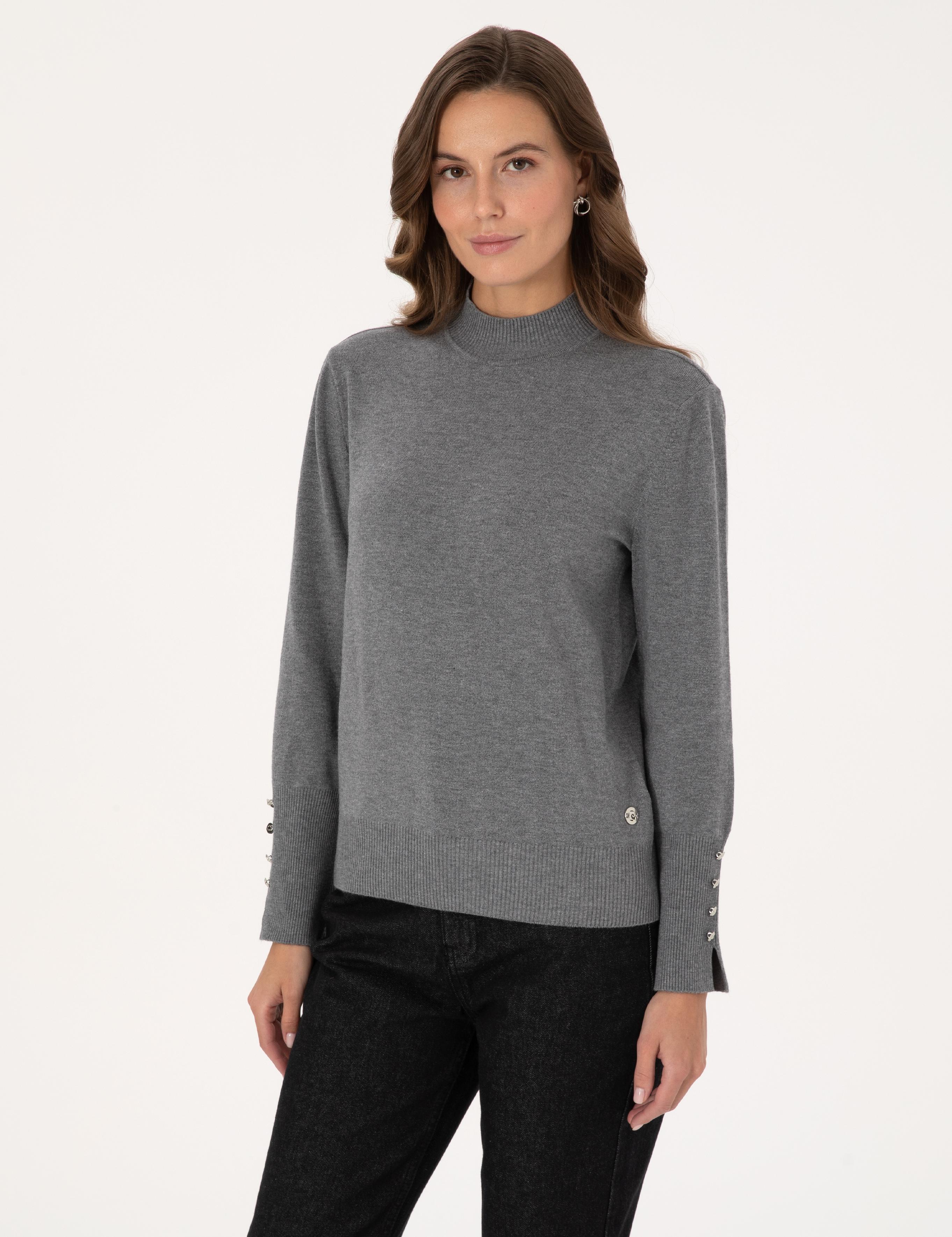 Gri Melanj Slim Fit Yarım Balıkçı Basic Kazak