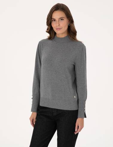 Gri Melanj Slim Fit Yarım Balıkçı Basic Kazak