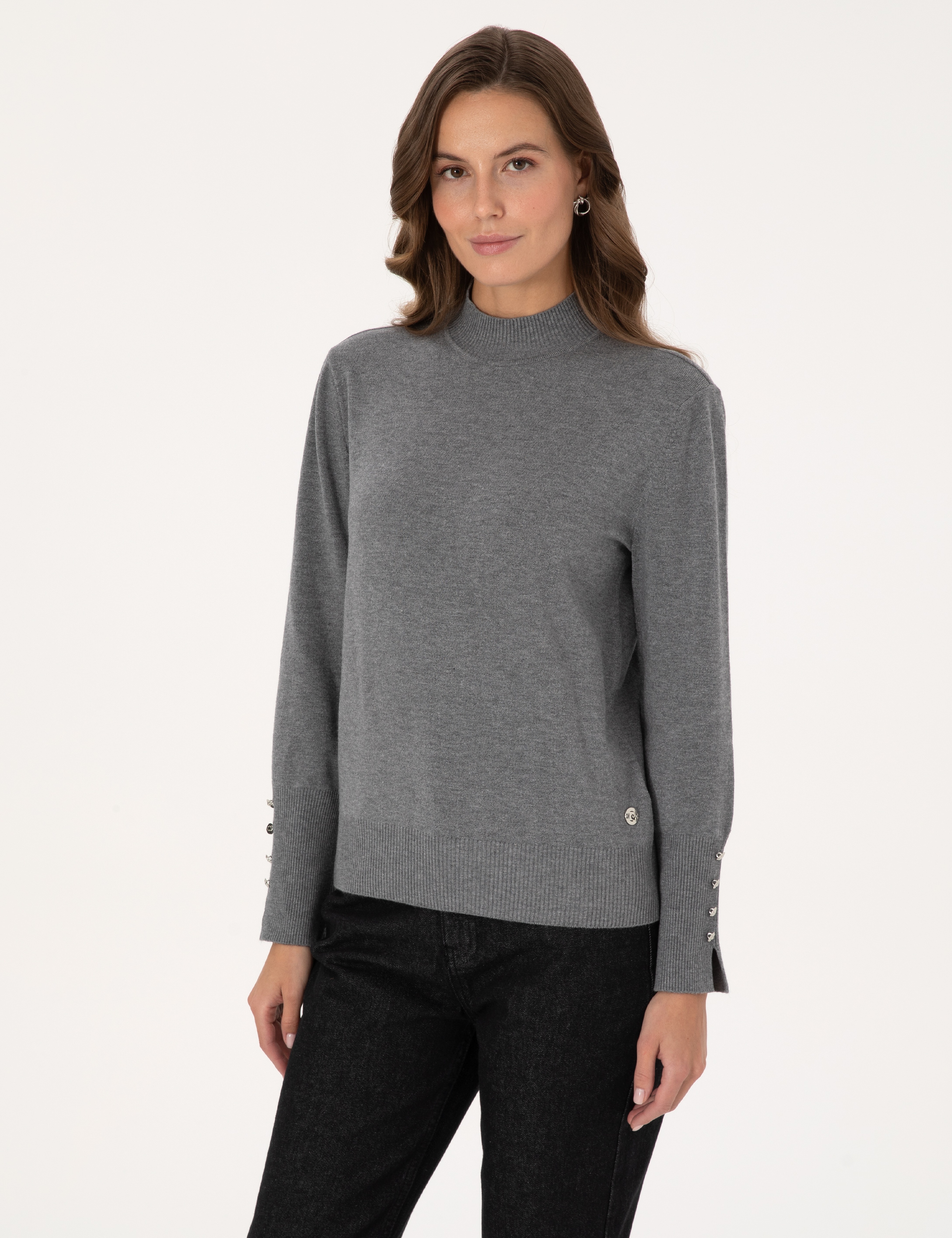 Gri Melanj Slim Fit Yarım Balıkçı Basic Kazak - Image 1
