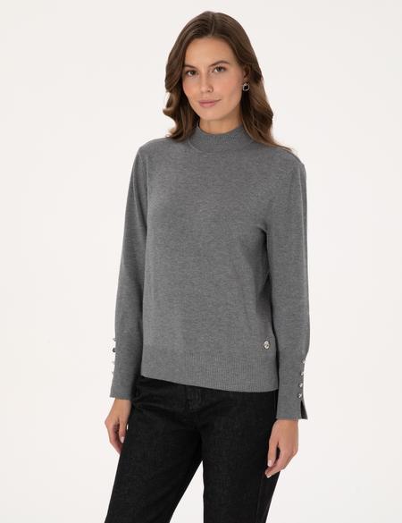 Gri Melanj Slim Fit Yarım Balıkçı Basic Kazak - 50310887044