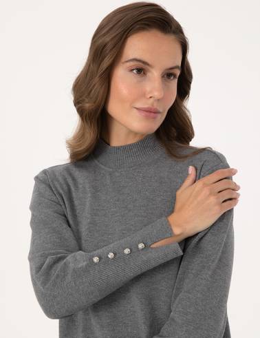 Gri Melanj Slim Fit Yarım Balıkçı Basic Kazak