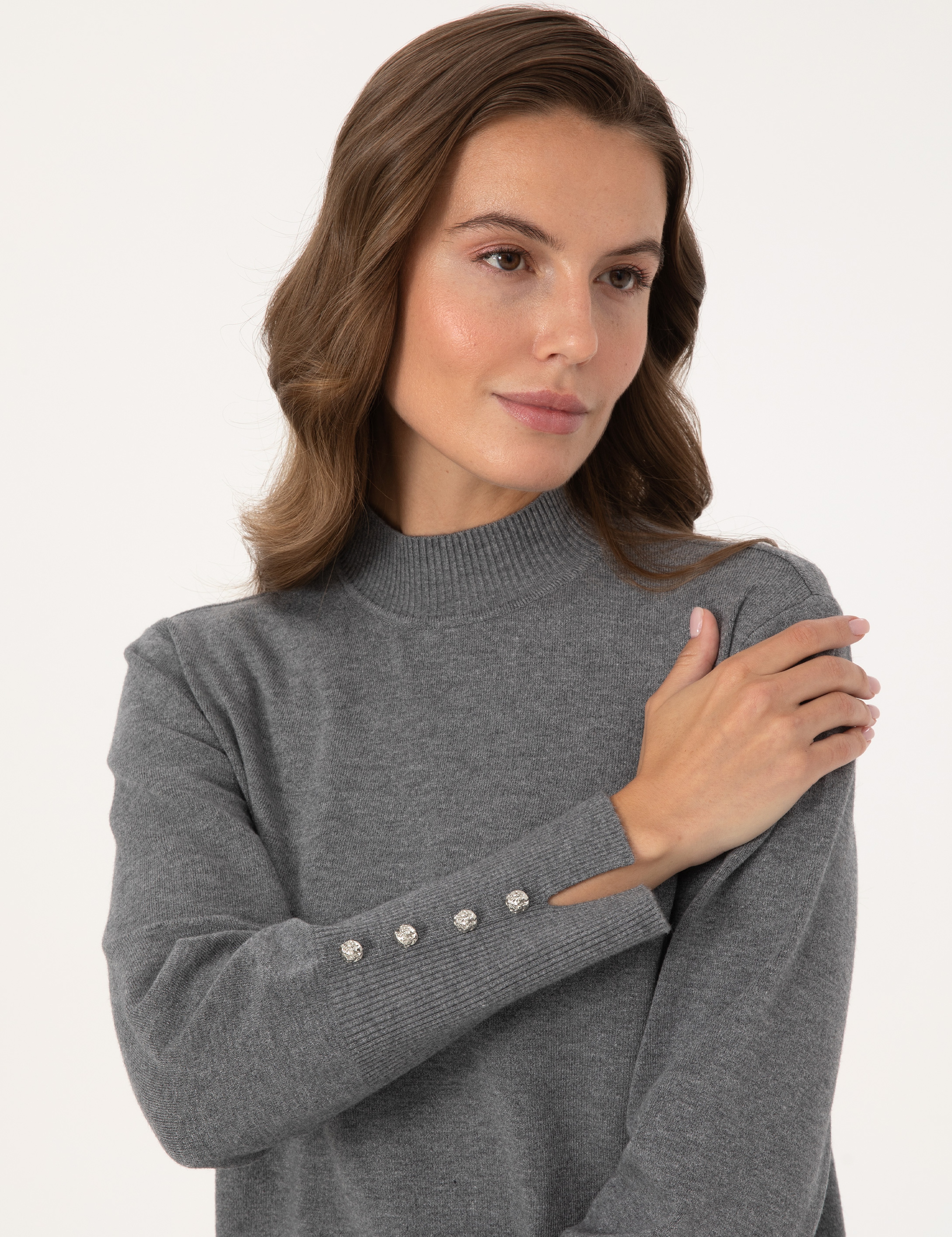 Gri Melanj Slim Fit Yarım Balıkçı Basic Kazak - Image 2