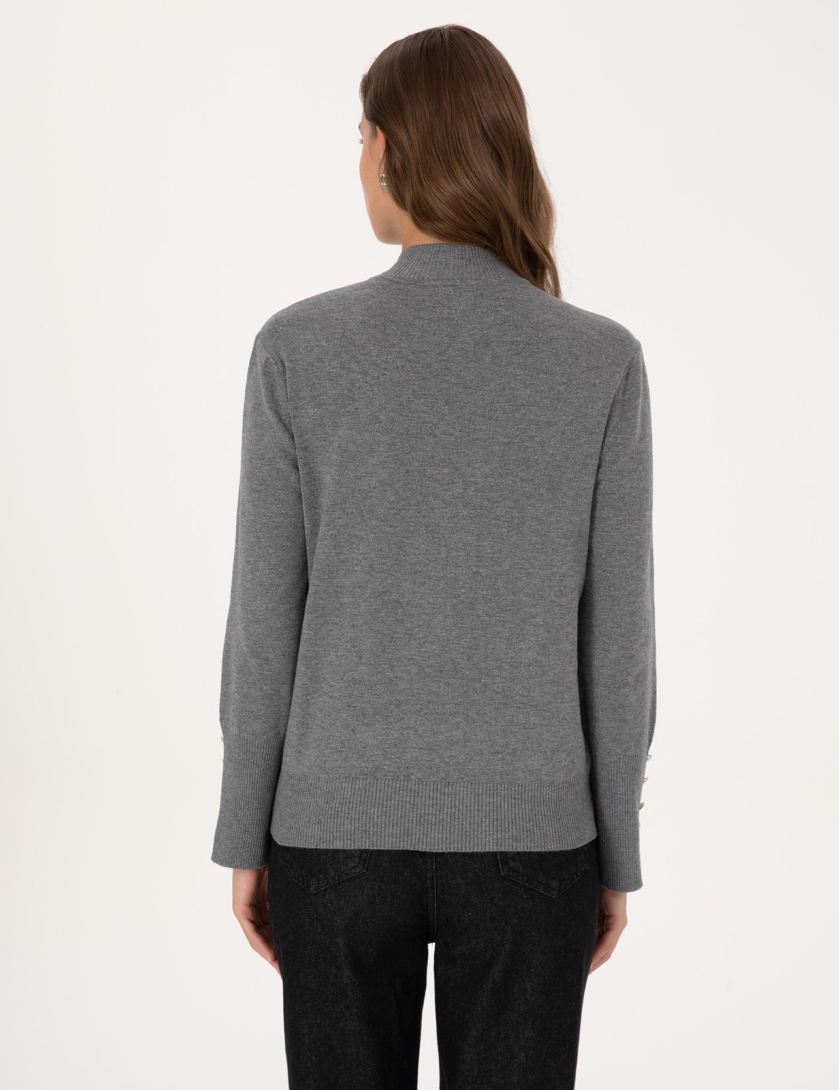 Gri Melanj Slim Fit Yarım Balıkçı Basic Kazak