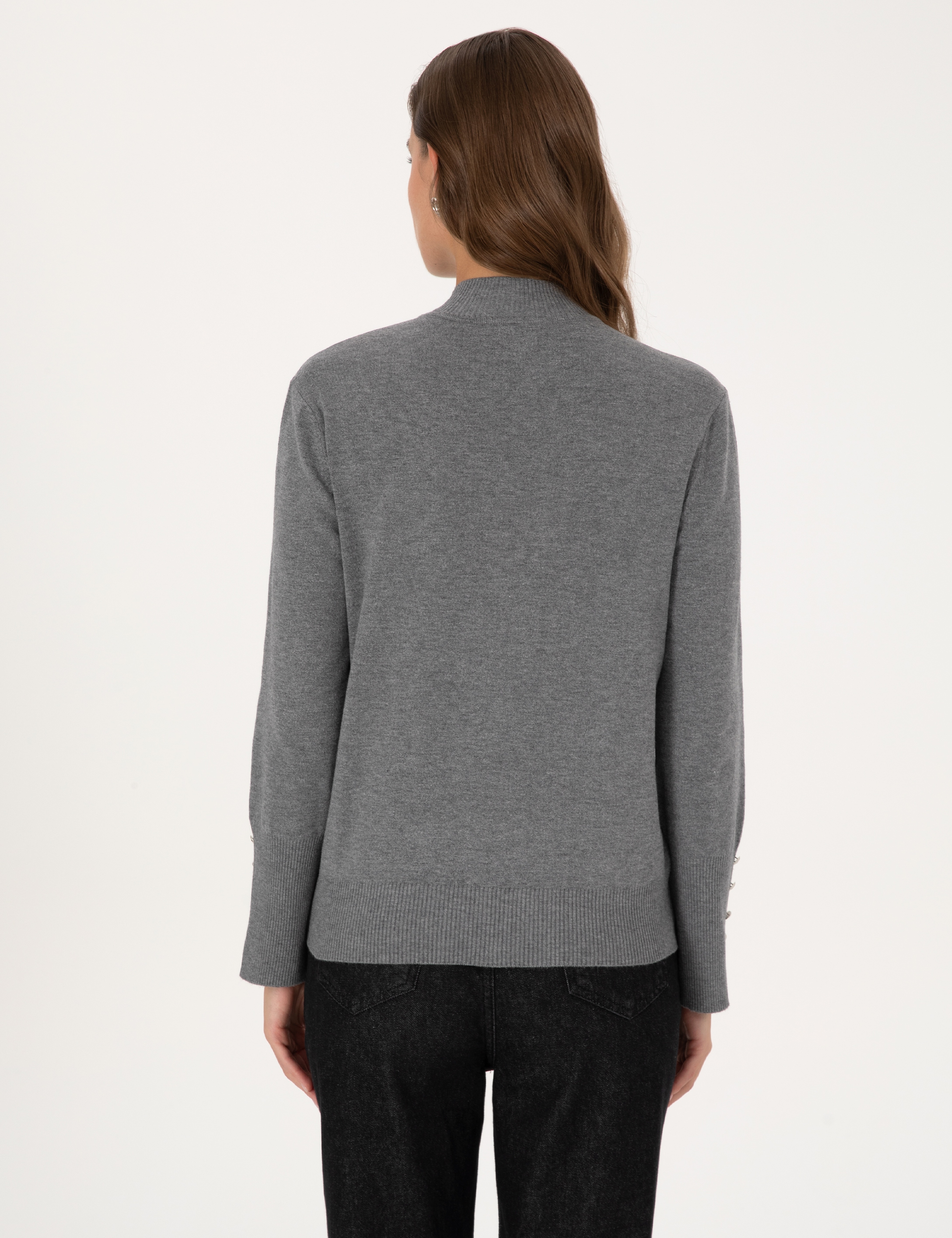 Gri Melanj Slim Fit Yarım Balıkçı Basic Kazak - Image 5