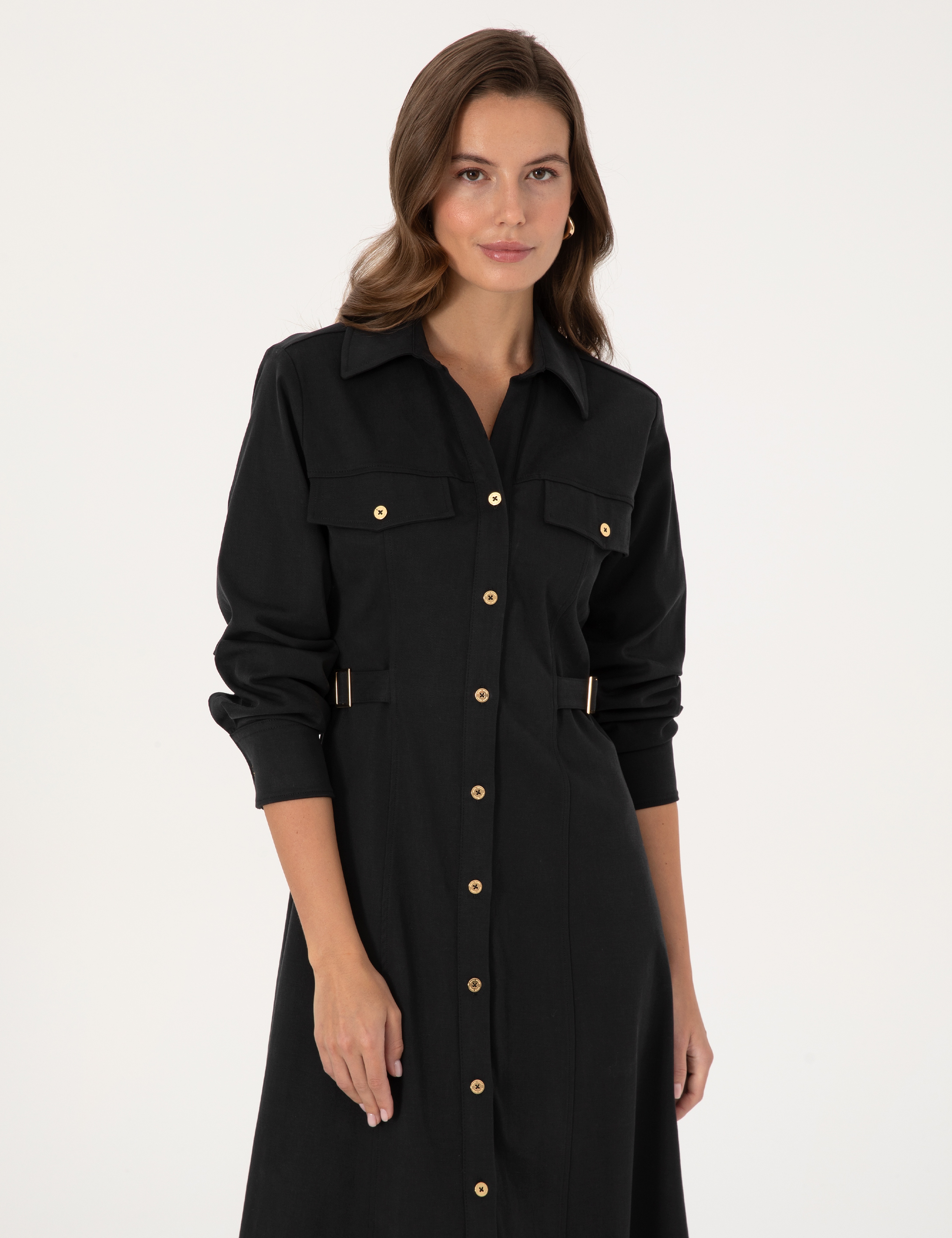 Siyah Regular Fit Dokuma Elbise - Image 2