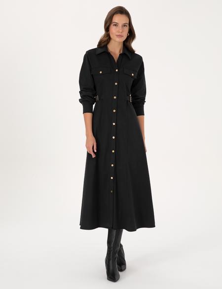 Siyah Regular Fit Dokuma Elbise - 50313302011