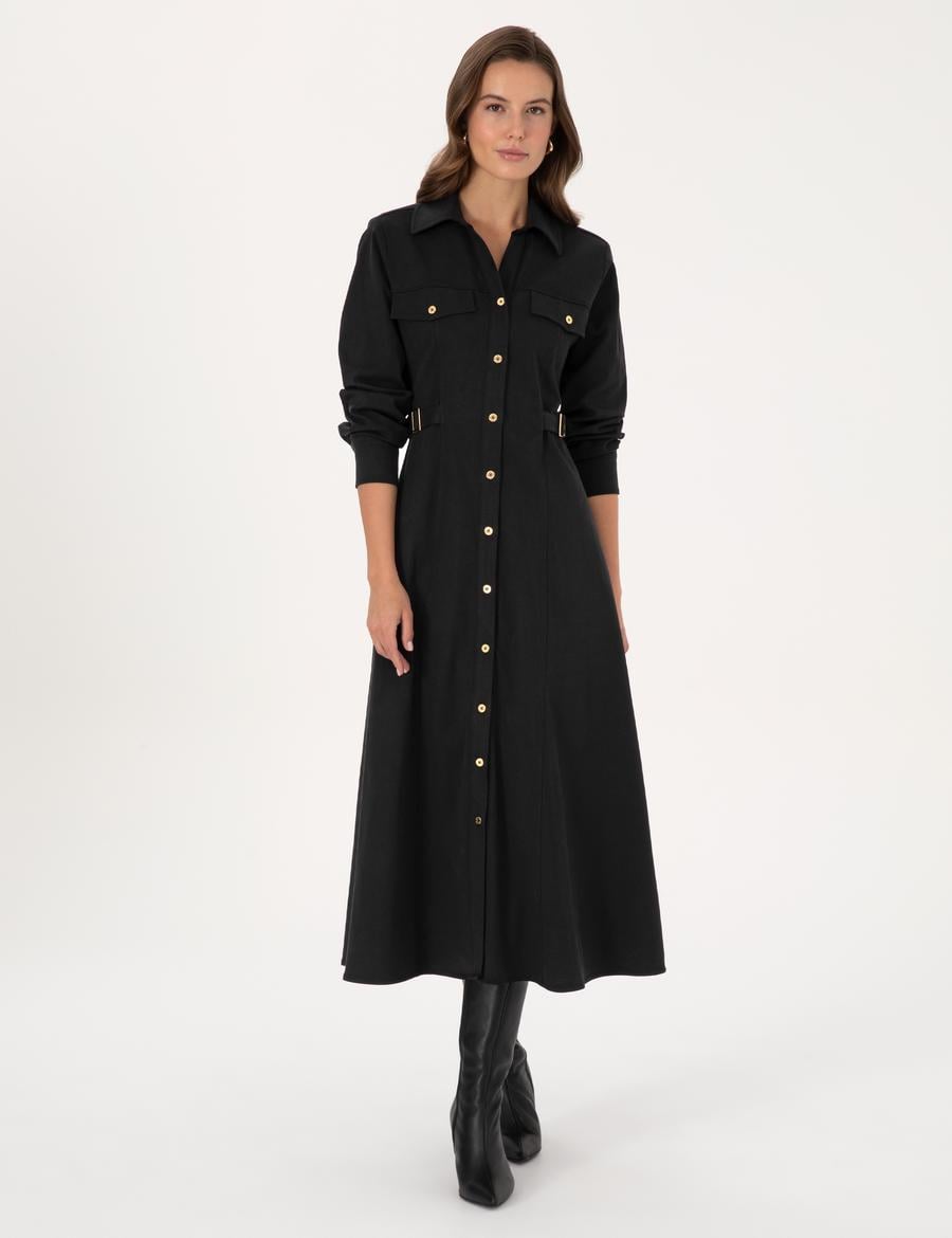 Siyah Regular Fit Dokuma Elbise