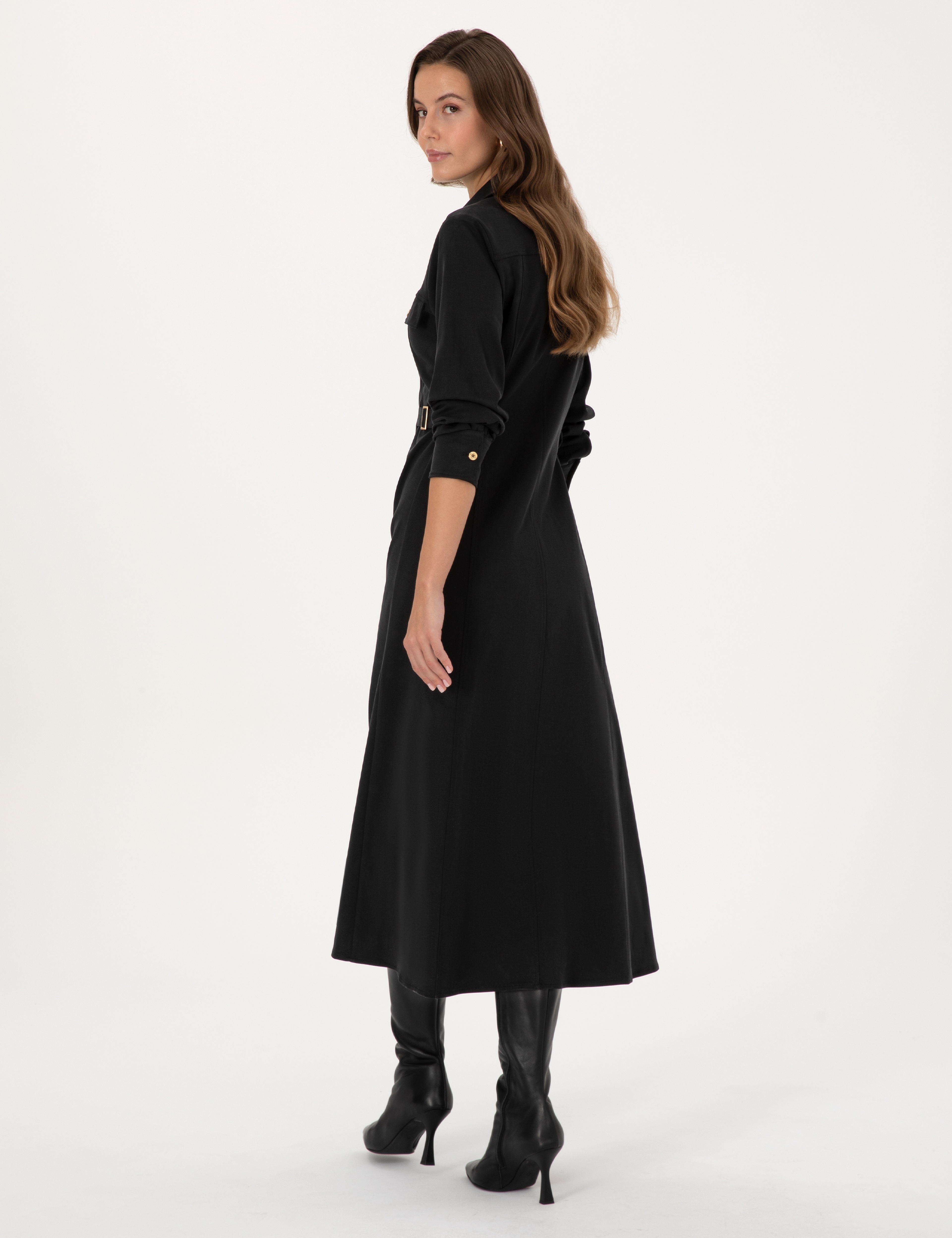 Siyah Regular Fit Dokuma Elbise - Image 4